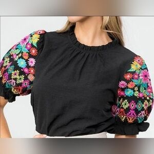 THML Black Blouse with Multicolor Embroidered Sleeves Size S